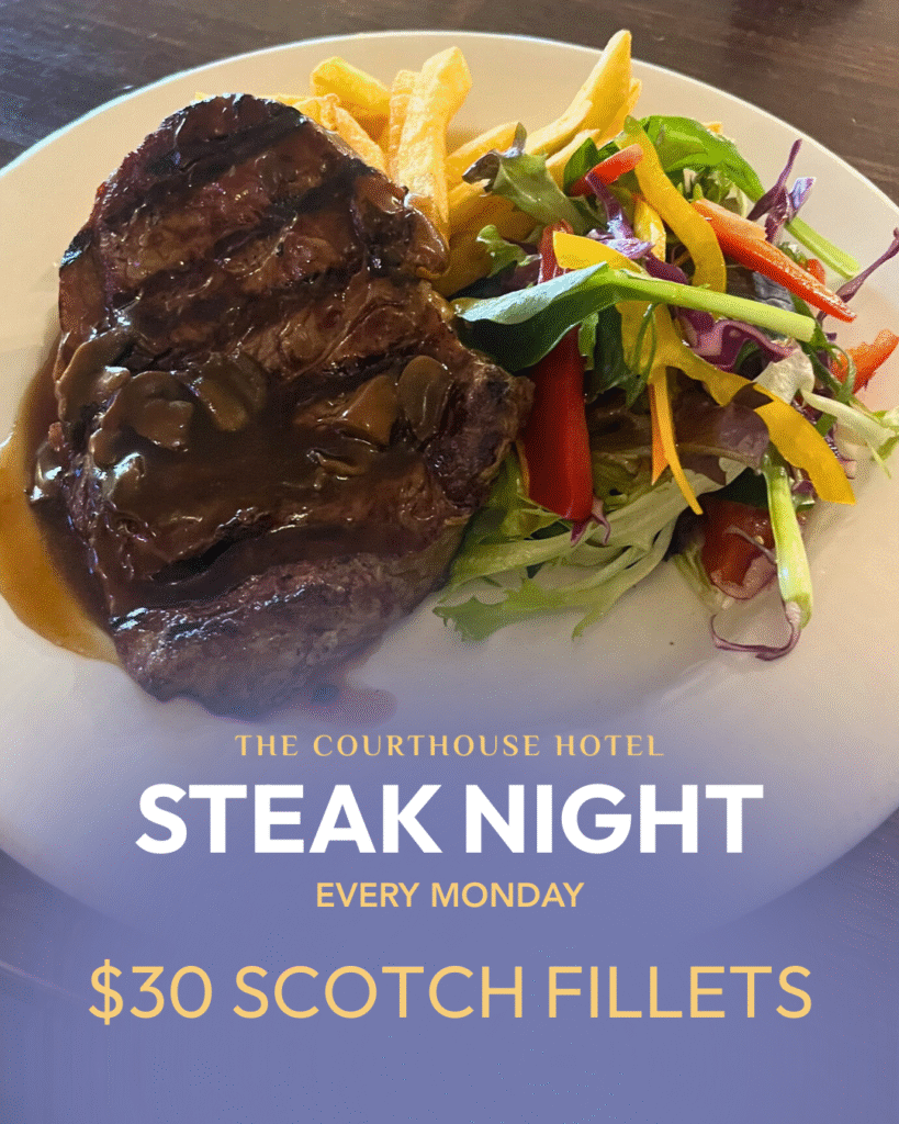 $30 scotch fillet steak with chips and salad served at The Courthouse Hotel Smythesdale for Monday Steak Night.