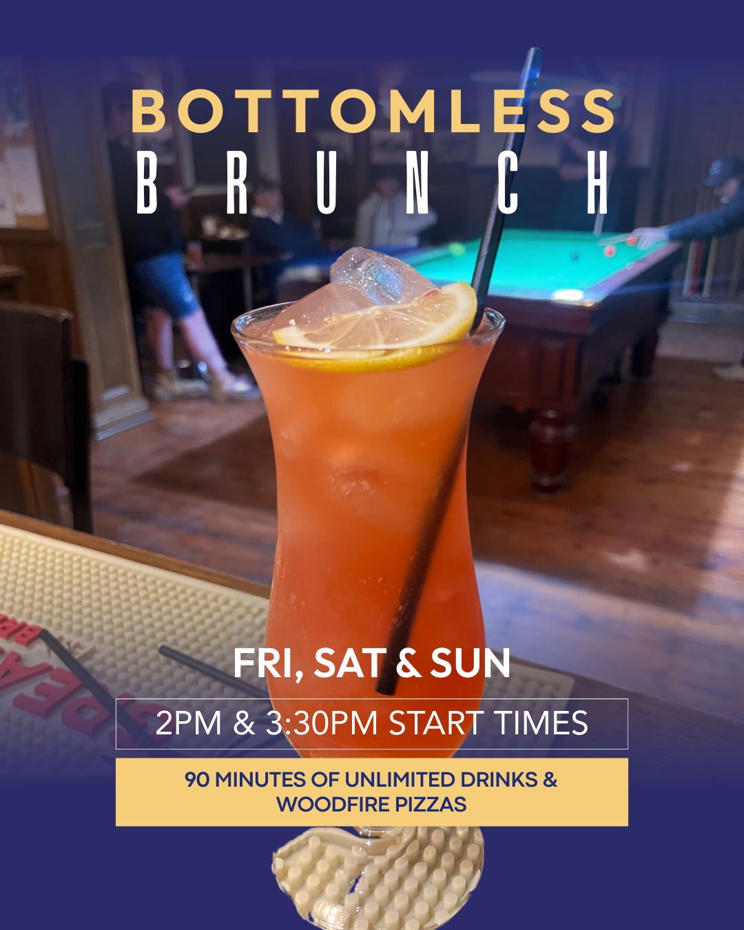 Cocktail and woodfired pizza served at Bottomless Brunch at The Courthouse Hotel Smythesdale.
