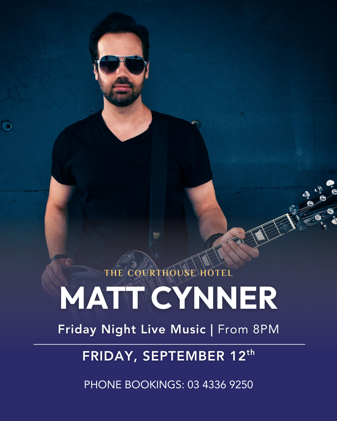 Matt Cynner with guitar performing live at The Courthouse Hotel Smythesdale Friday Night Live Music.
