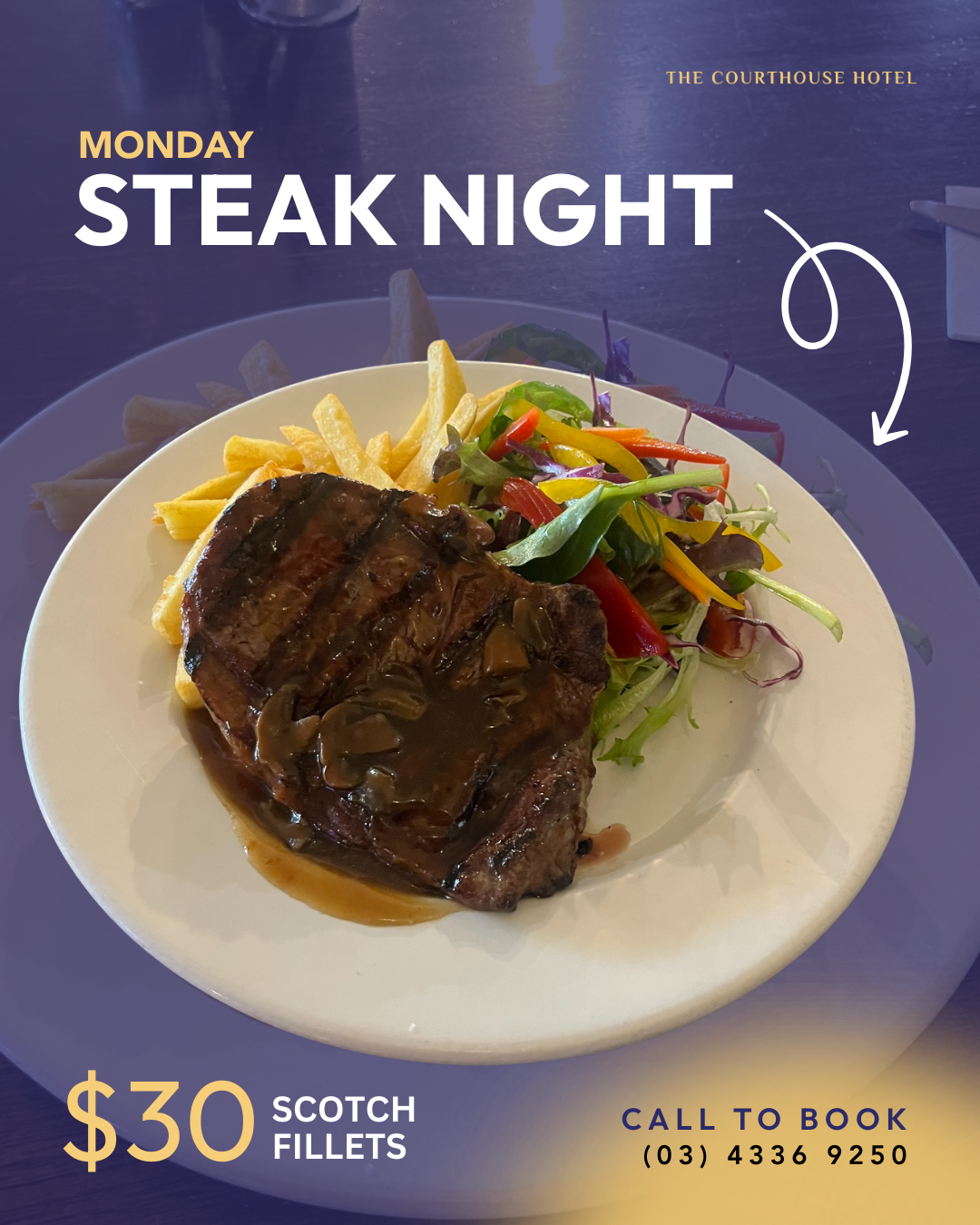Plate of scotch fillet steak with chips, salad, and gravy served at The Courthouse Hotel Smythesdale Monday Steak Night.
