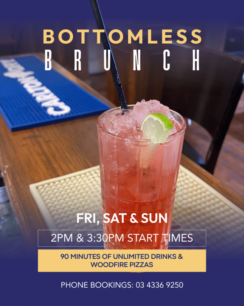 Table with cocktails, wine, beer, and woodfired pizzas for Bottomless Brunch at The Courthouse Hotel Smythesdale.