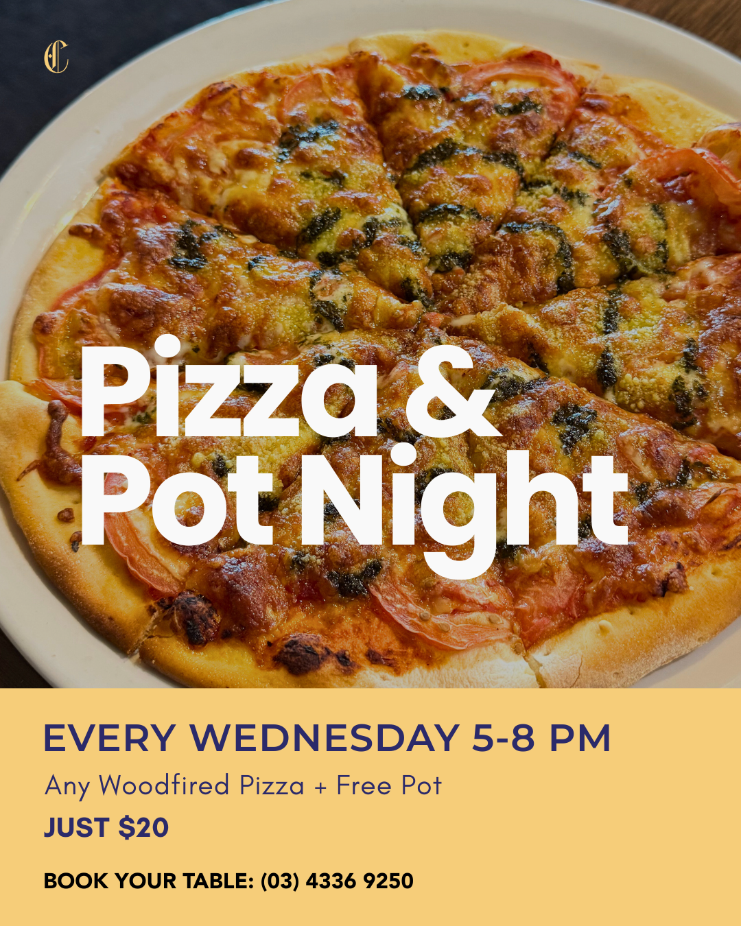 Woodfired pizza with a glass of beer for Pizza & Pot Night at The Courthouse Hotel Smythesdale.