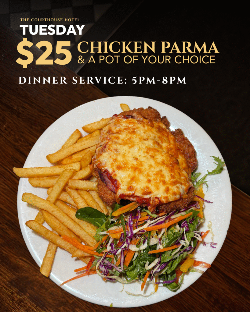Chicken parma with chips, salad, and a pot of beer at The Courthouse Hotel Smythesdale Tuesday Parma Night.