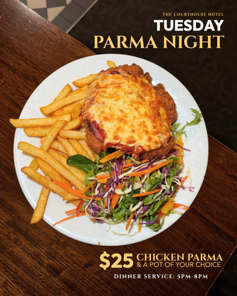 Classic chicken parma with chips and salad served at The Courthouse Hotel Smythesdale during Tuesday Parma Night.