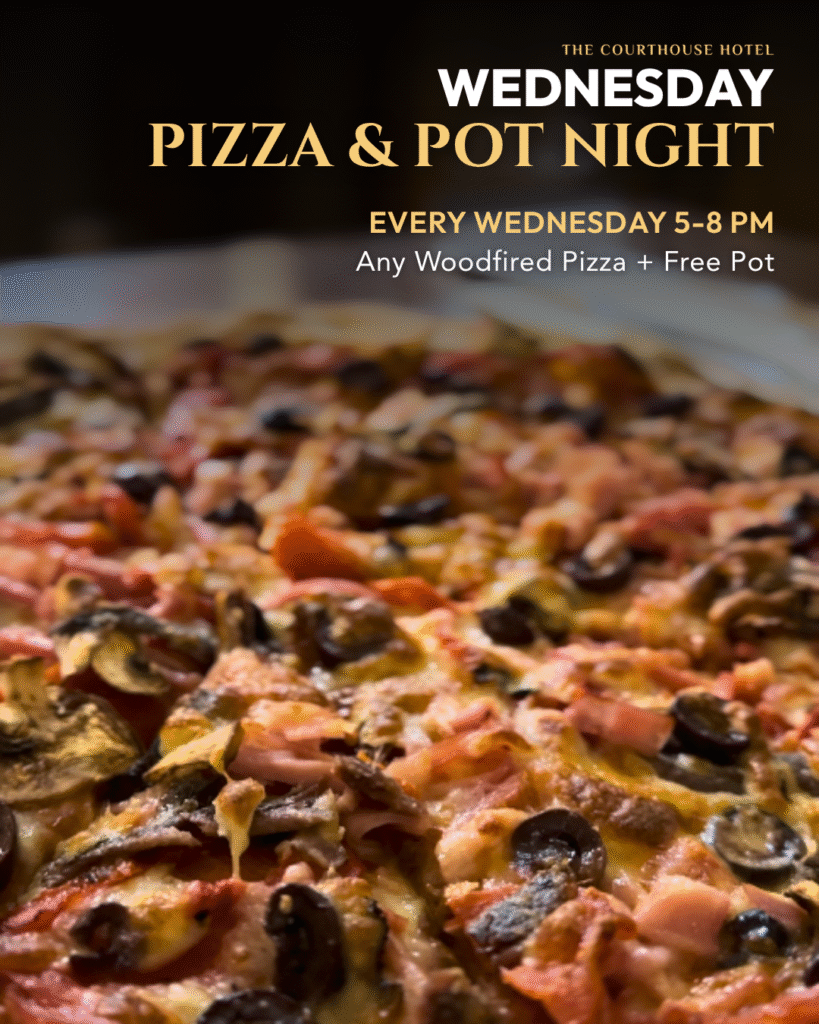Wood-fired pizza fresh from the oven served with a pot of beer at The Courthouse Hotel Smythesdale for Wednesday Pizza & Pot Night.