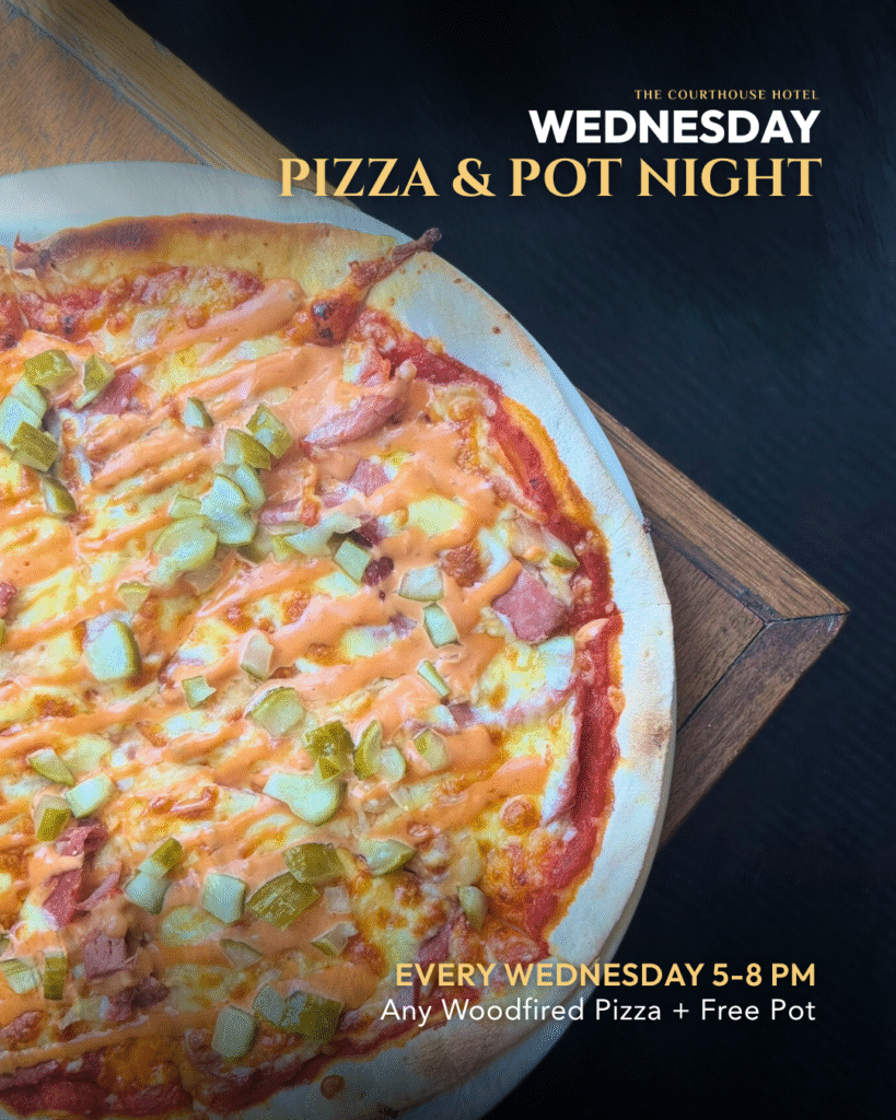 Wood-fired pizza with a pot on the table at The Courthouse Hotel Smythesdale, $20 Wednesday special from 5 PM.