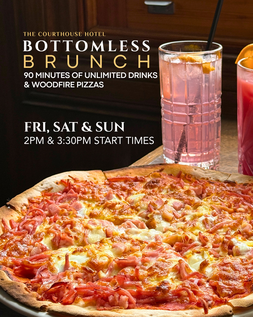 Bottomless Brunch spread with wood-fired pizza and drinks at The Courthouse Hotel Smythesdale; sessions at 2 PM and 3:30 PM.