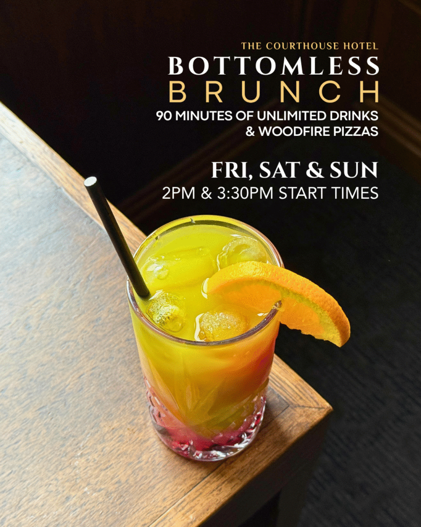 Bottomless Brunch at The Courthouse Hotel Smythesdale, wood-fired pizza with cocktails, sessions 2PM and 3:30PM, Fri–Sun.