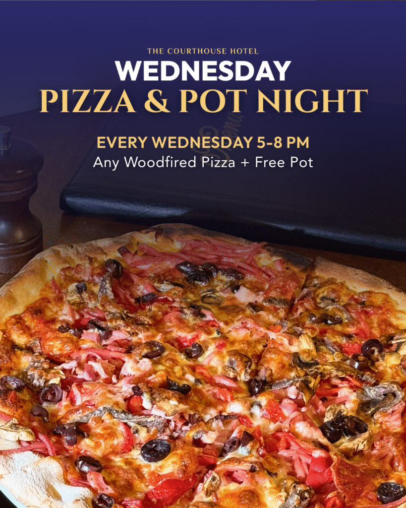 Wood-fired pizza beside a pot at The Courthouse Hotel Smythesdale for Wednesday Pizza & Pot Night, $20.