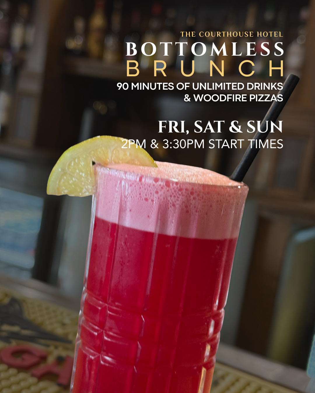 Bottomless Brunch with cocktails and wood-fired pizzas at The Courthouse Hotel Smythesdale, sessions at 2:00PM and 3:30PM.