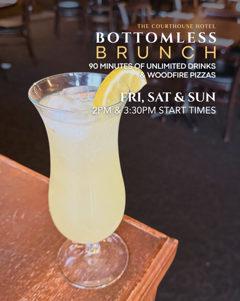 Table of friends enjoying cocktails and pizzas during Bottomless Brunch at The Courthouse Hotel Smythesdale.