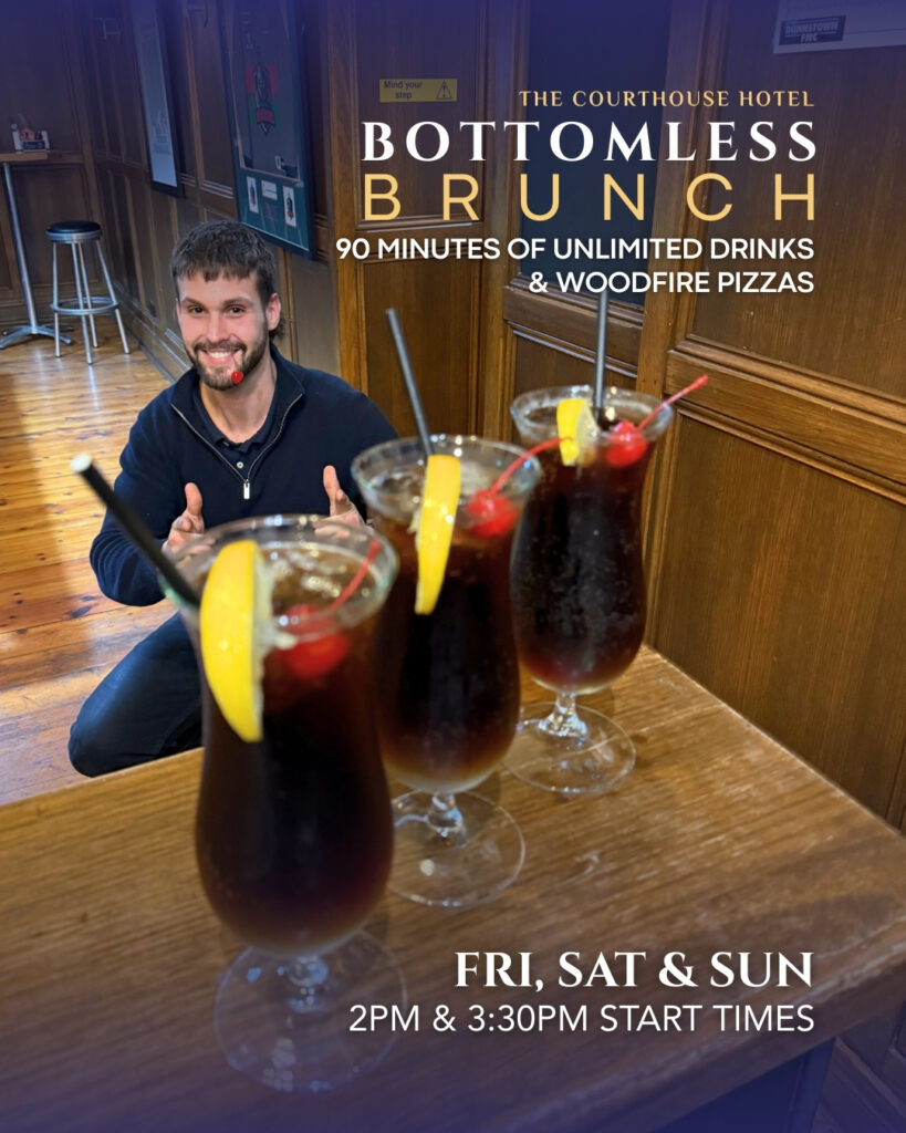 Colourful cocktails and beers on a table promoting Bottomless Brunch at The Courthouse Hotel Smythesdale.