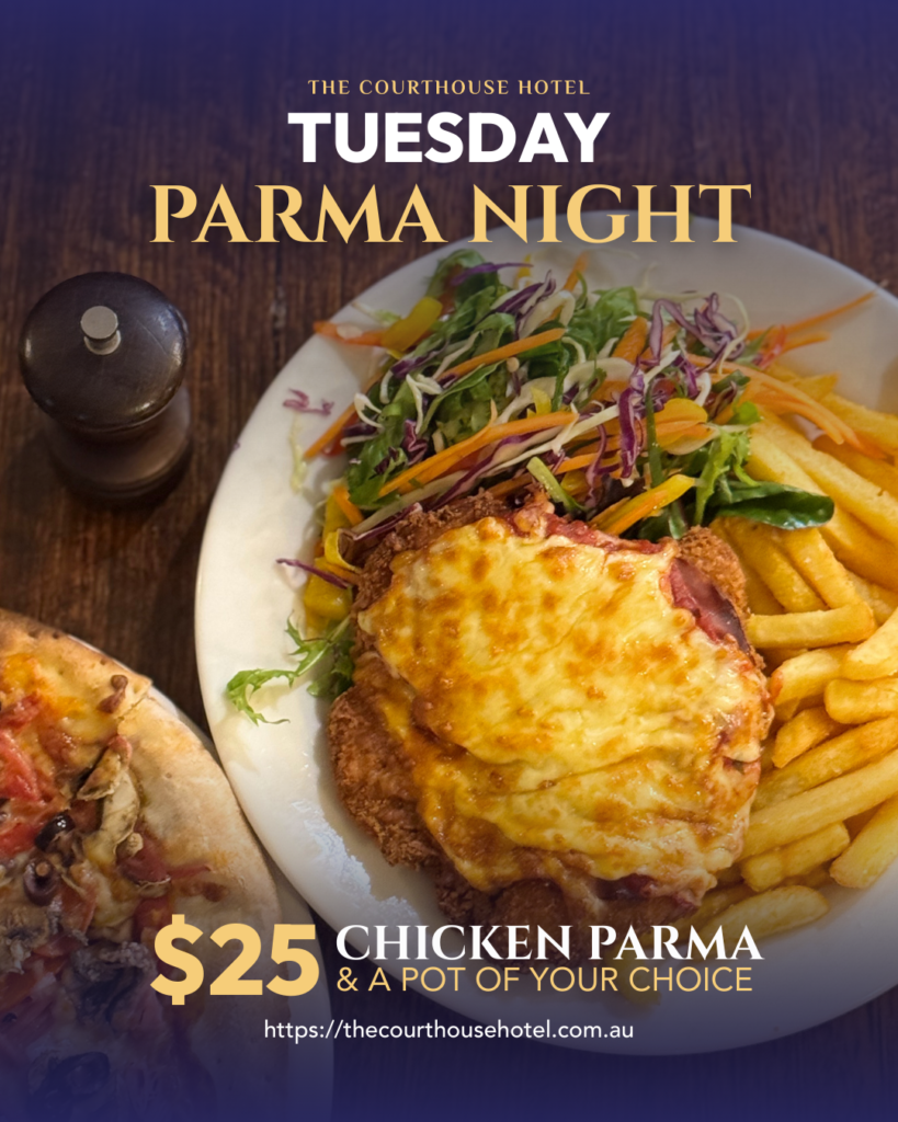 Chicken parma with chips, salad and a pot of beer for Tuesday Parma Night at The Courthouse Hotel Smythesdale.