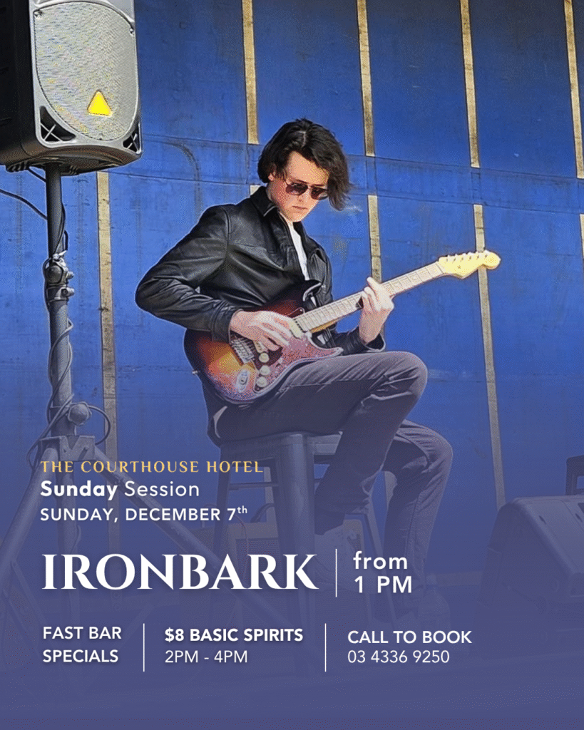 Solo guitarist performing on stage at The Courthouse Hotel Smythesdale during a relaxed Sunday Session.