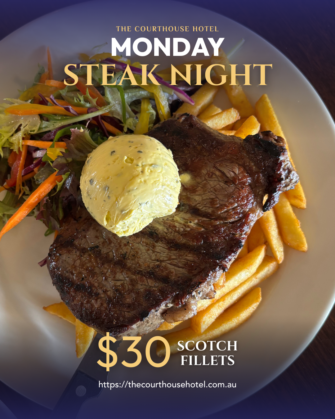 Scotch Fillet steak with chips and salad served for Monday Steak Night at The Courthouse Hotel Smythesdale.