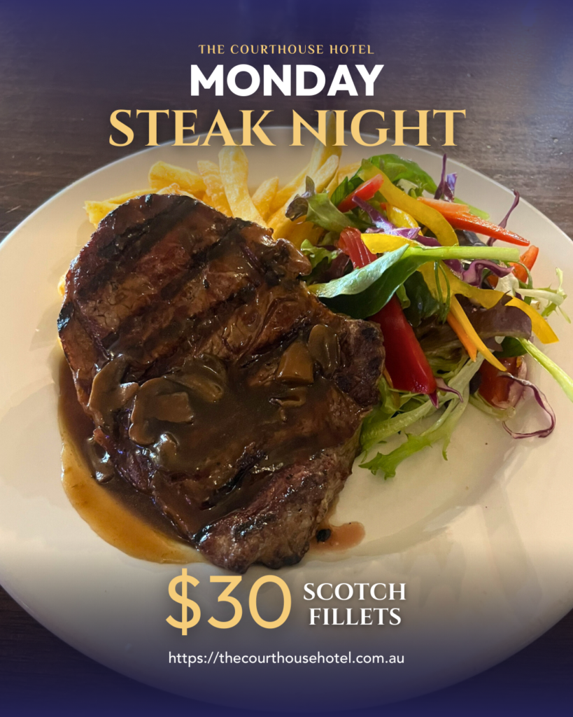 Scotch Fillet steak with chips and salad served for Monday Steak Night at The Courthouse Hotel Smythesdale.