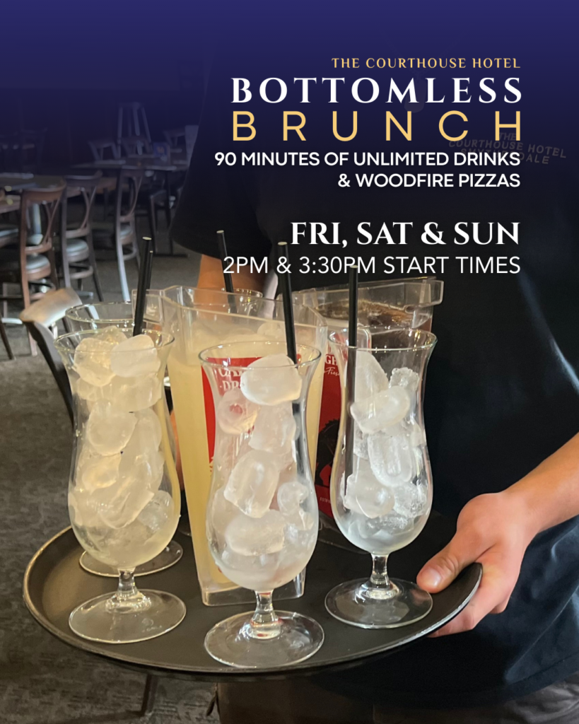 Group enjoying cocktails and wood-fired pizzas during Bottomless Brunch at The Courthouse Hotel Smythesdale.