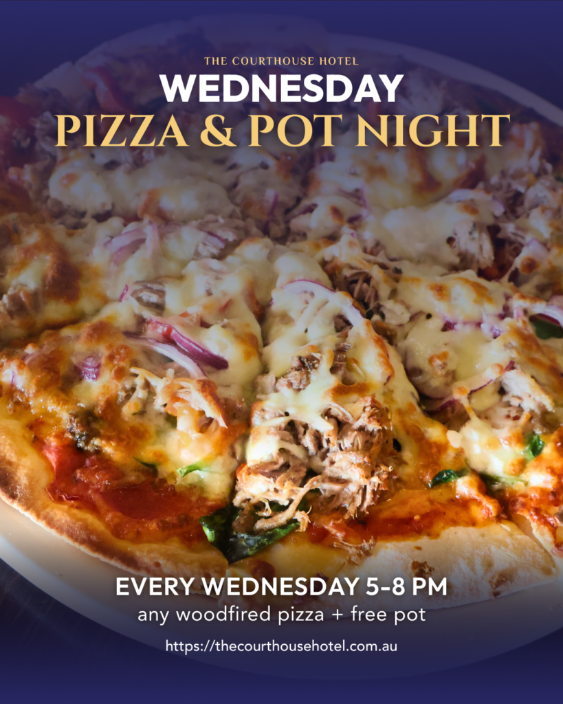 Wood-fired pizza and a pot of beer ready for Wednesday Pizza & Pot Night at The Courthouse Hotel Smythesdale.