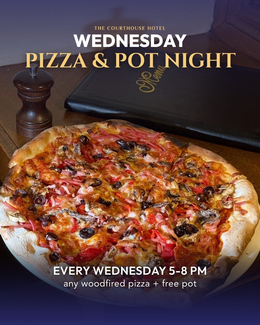 Woodfired pizza and pot of beer for Wednesday Pizza & Pot Night at The Courthouse Hotel Smythesdale