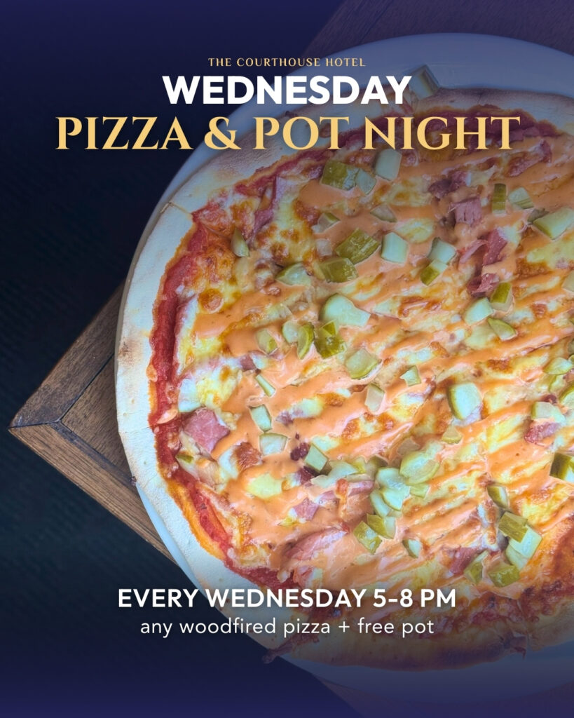 Woodfired pizza on a table for Wednesday Pizza & Pot Night at The Courthouse Hotel Smythesdale.