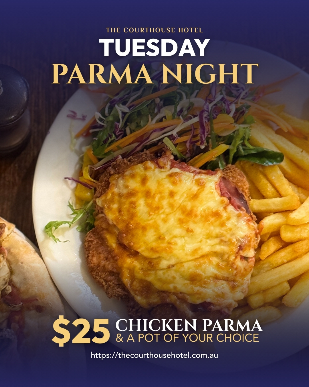 Tuesday Parma Night graphic at The Courthouse Hotel Smythesdale showing $25 chicken parma and a pot of your choice.