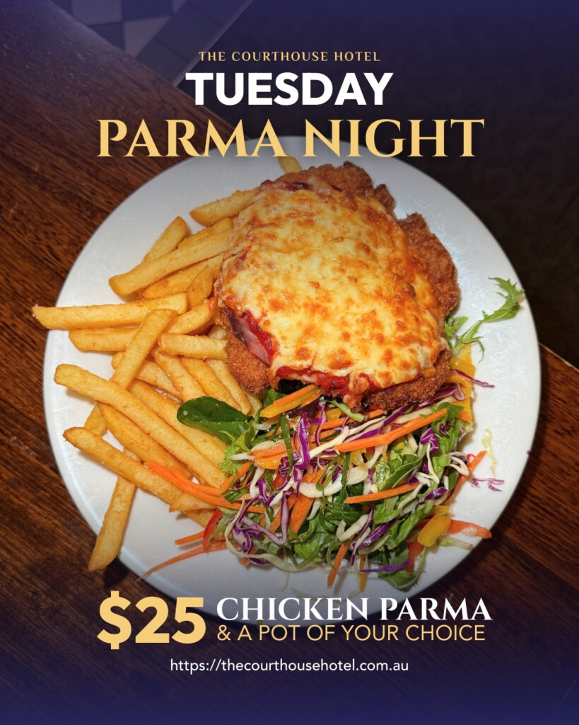 Tuesday Parma Night at The Courthouse Hotel Smythesdale — $25 chicken parma with a free pot (2026)