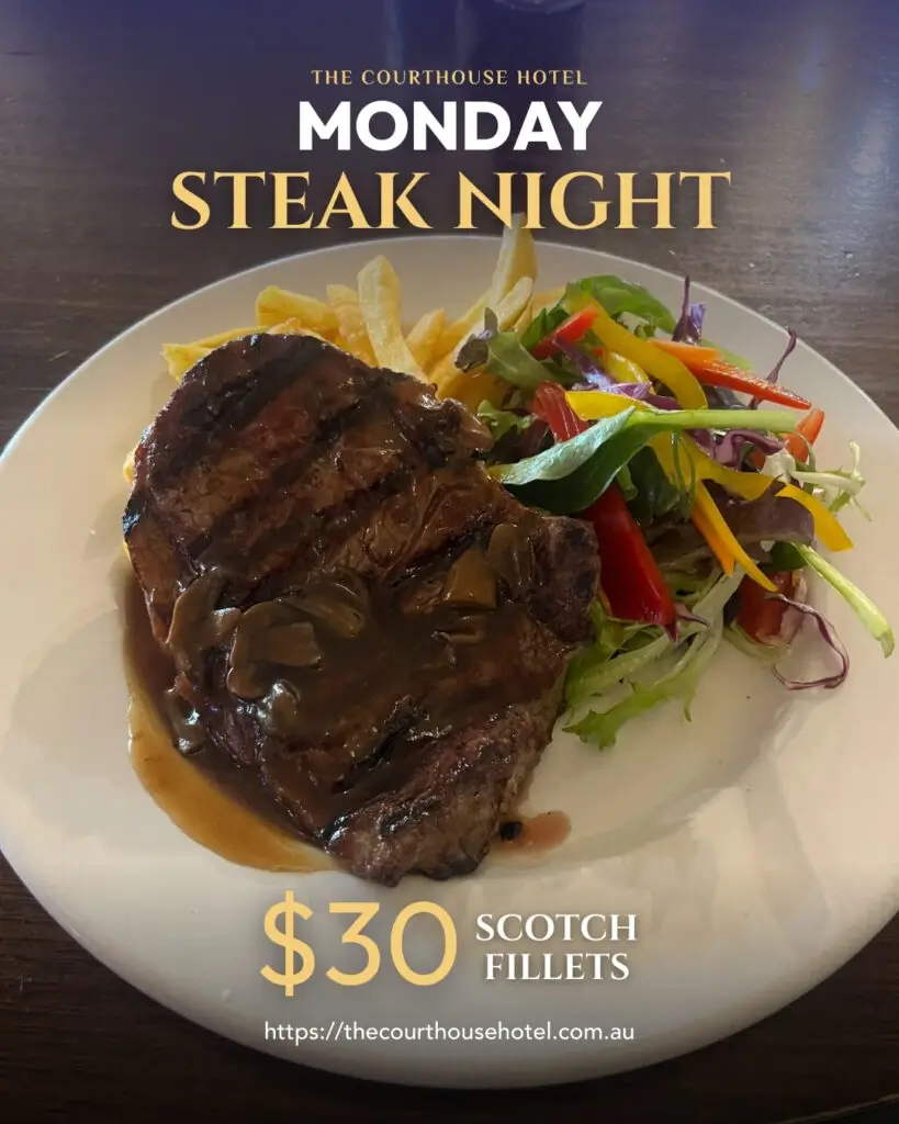 $30 scotch fillet steak with chips and salad on a plate at The Courthouse Hotel Smythesdale Monday Steak Night.