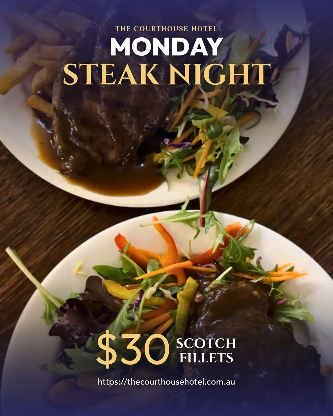 $30 scotch fillet served for Monday Steak Night at The Courthouse Hotel Smythesdale