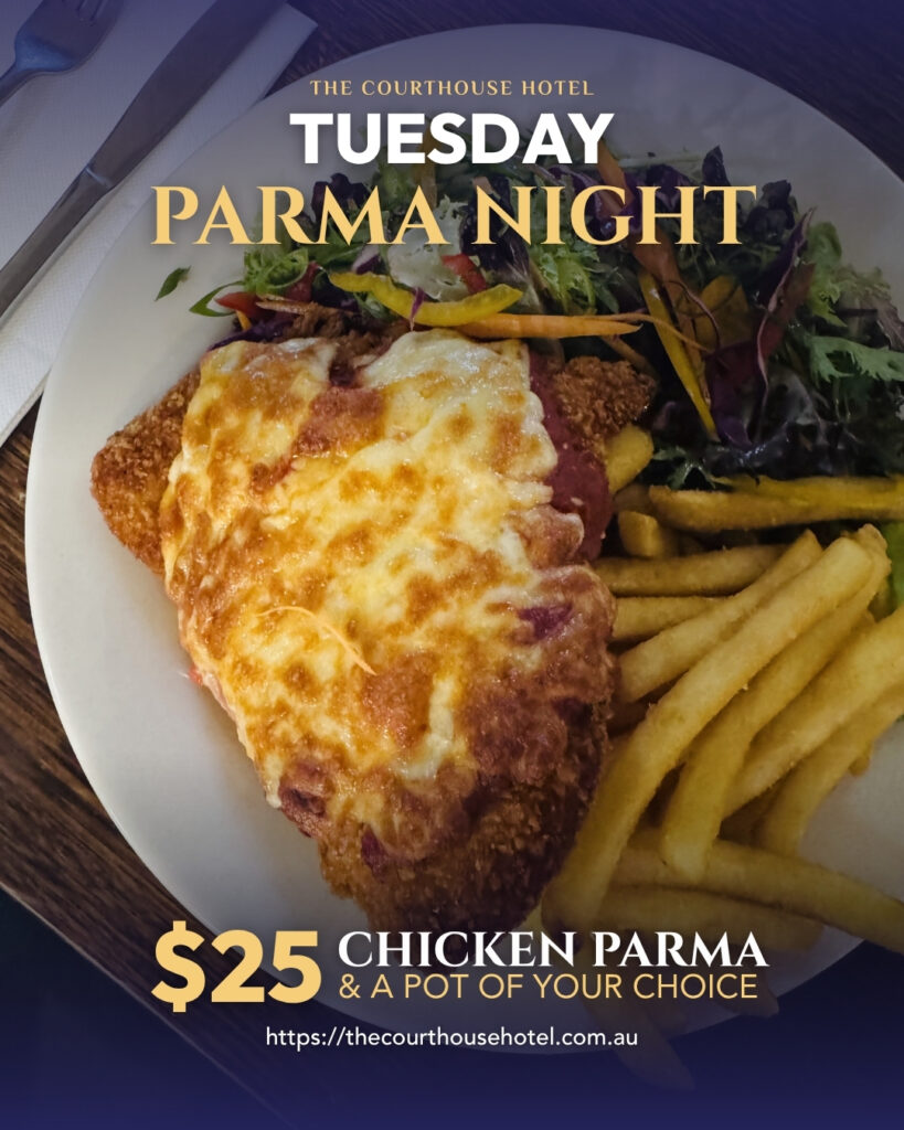 Chicken parma with a free pot for Tuesday Parma Night at The Courthouse Hotel Smythesdale