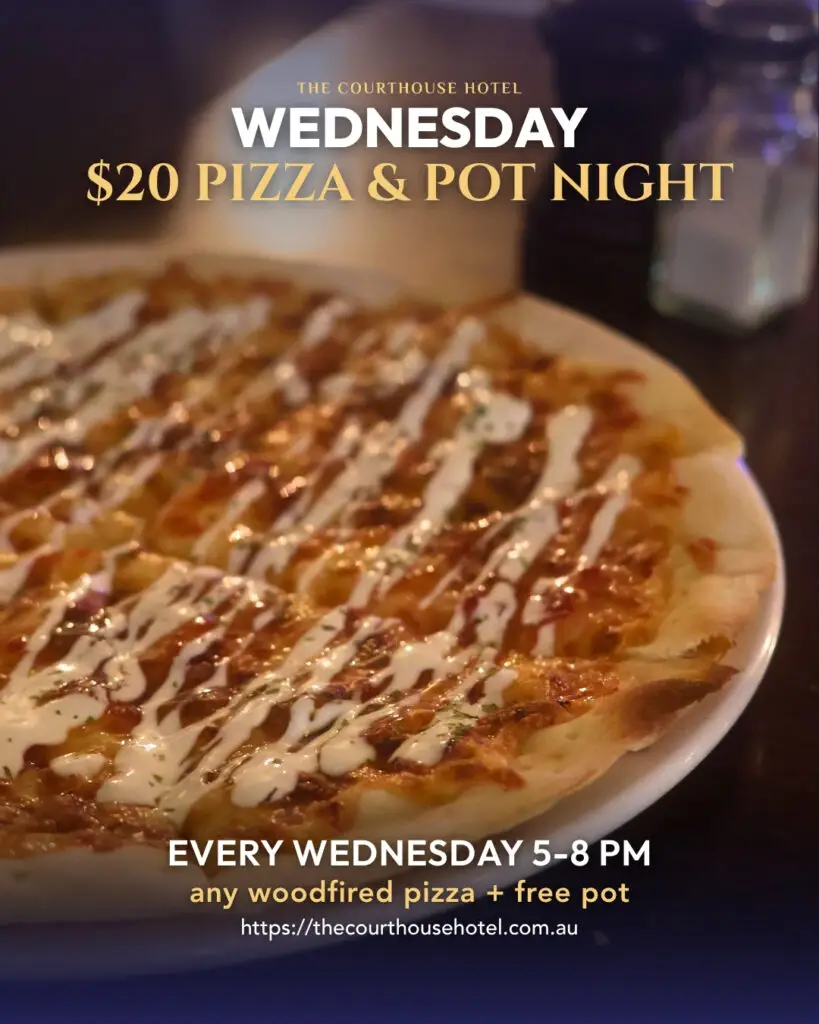 Woodfired pizza on a plate at The Courthouse Hotel Smythesdale $20 Pizza and Pot Night